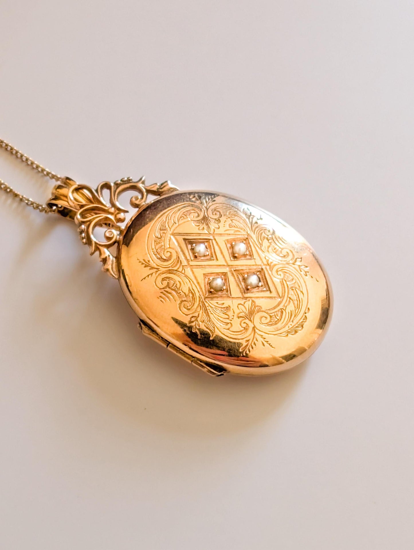 18K Gold Victorian Locket: Engraved French Napoleon III Pearl Pendant c.1860s