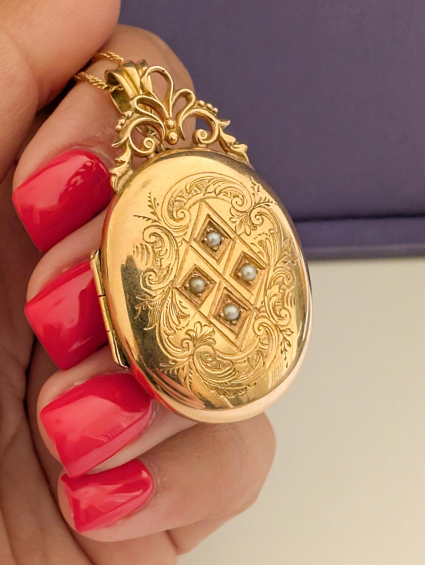 18K Gold Victorian Locket: Engraved French Napoleon III Pearl Pendant c.1860s