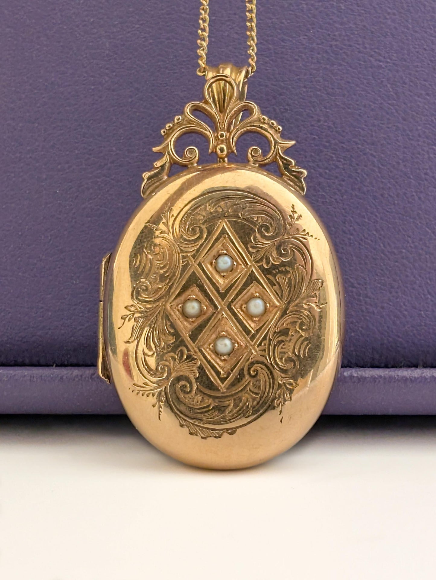 18K Gold Victorian Locket: Engraved French Napoleon III Pearl Pendant c.1860s