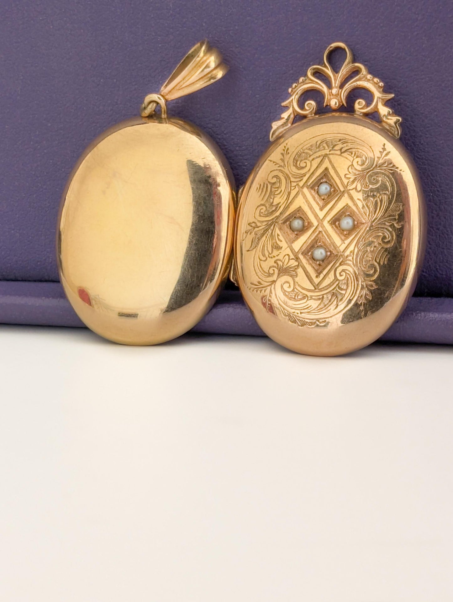 18K Gold Victorian Locket: Engraved French Napoleon III Pearl Pendant c.1860s