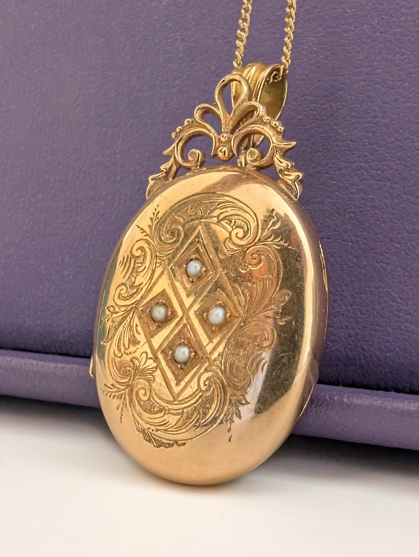 18K Gold Victorian Locket: Engraved French Napoleon III Pearl Pendant c.1860s