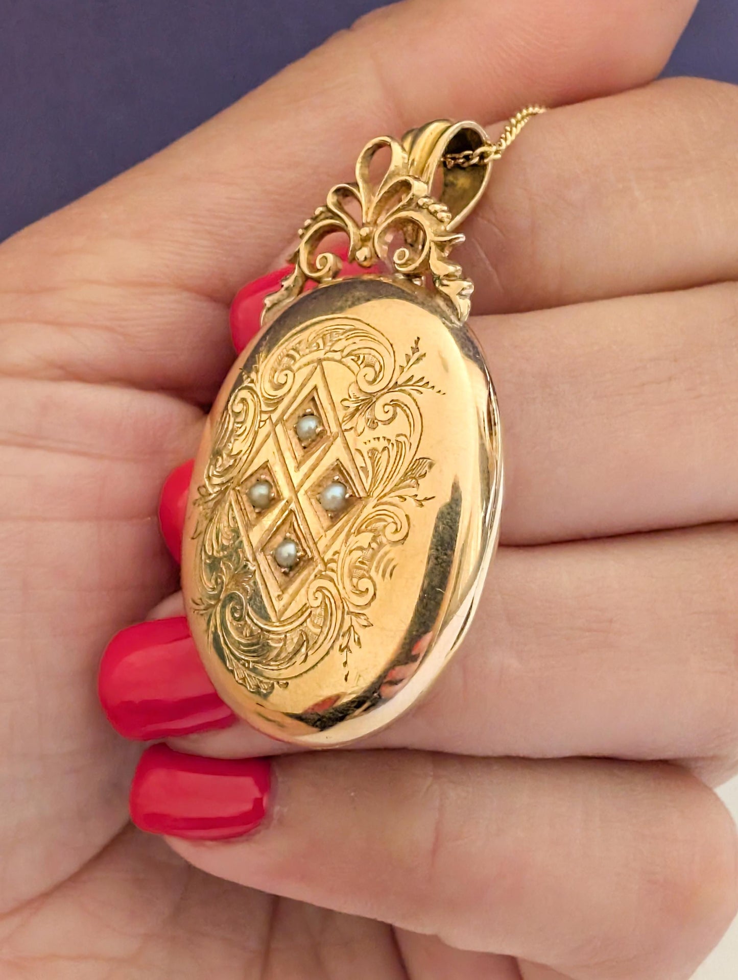 18K Gold Victorian Locket: Engraved French Napoleon III Pearl Pendant c.1860s