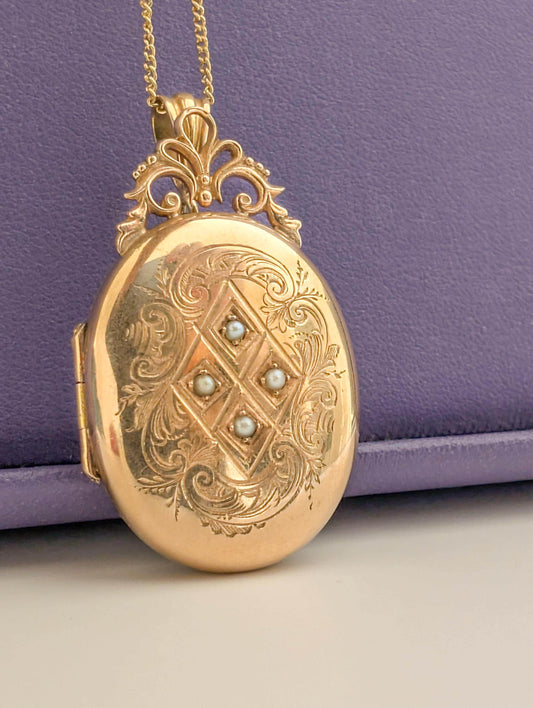 18K Gold Victorian Locket: Engraved French Napoleon III Pearl Pendant c.1860s