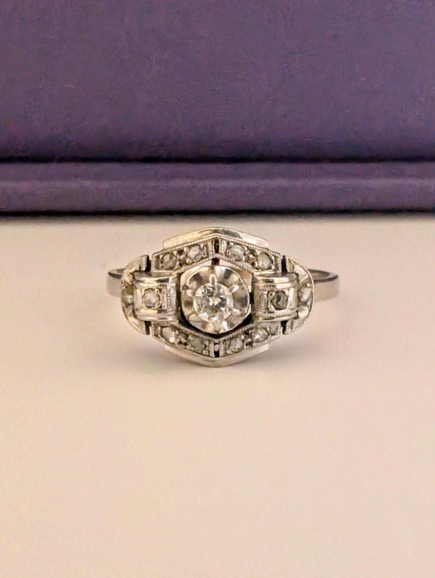 Art Deco Diamond Engagement Ring: 18K Gold & Platinum, French Antique Ring