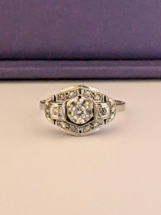 Art Deco Diamond Engagement Ring: 18K Gold & Platinum, French Antique Ring