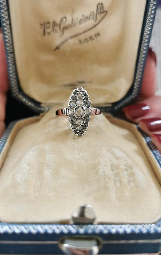 Edwardian Diamond Marquise Ring: 18k Two-Tone Gold Antique Engagement Ring
