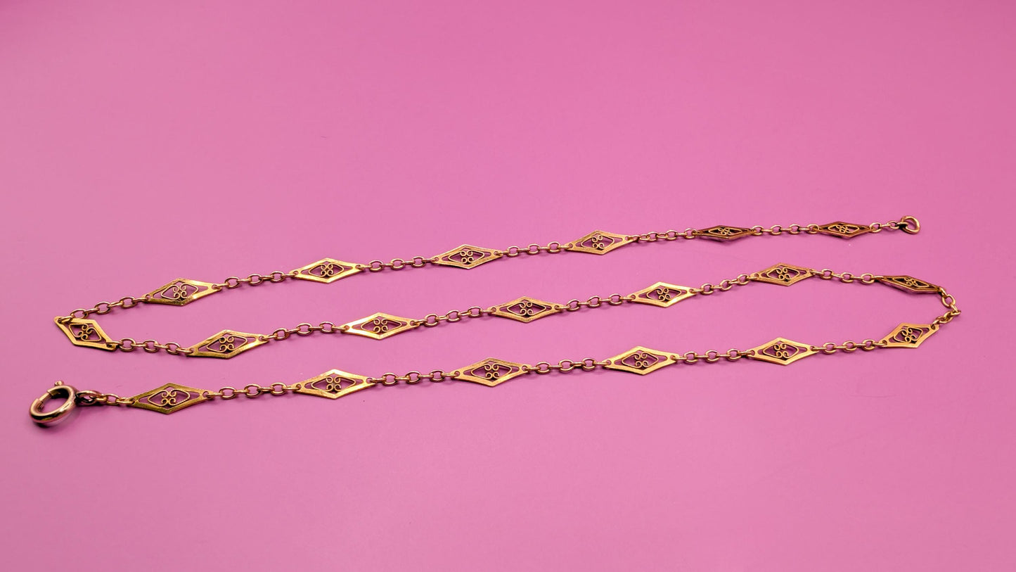 Antique Edwardian 18K Gold Filigree Necklace, 1900 French Chain
