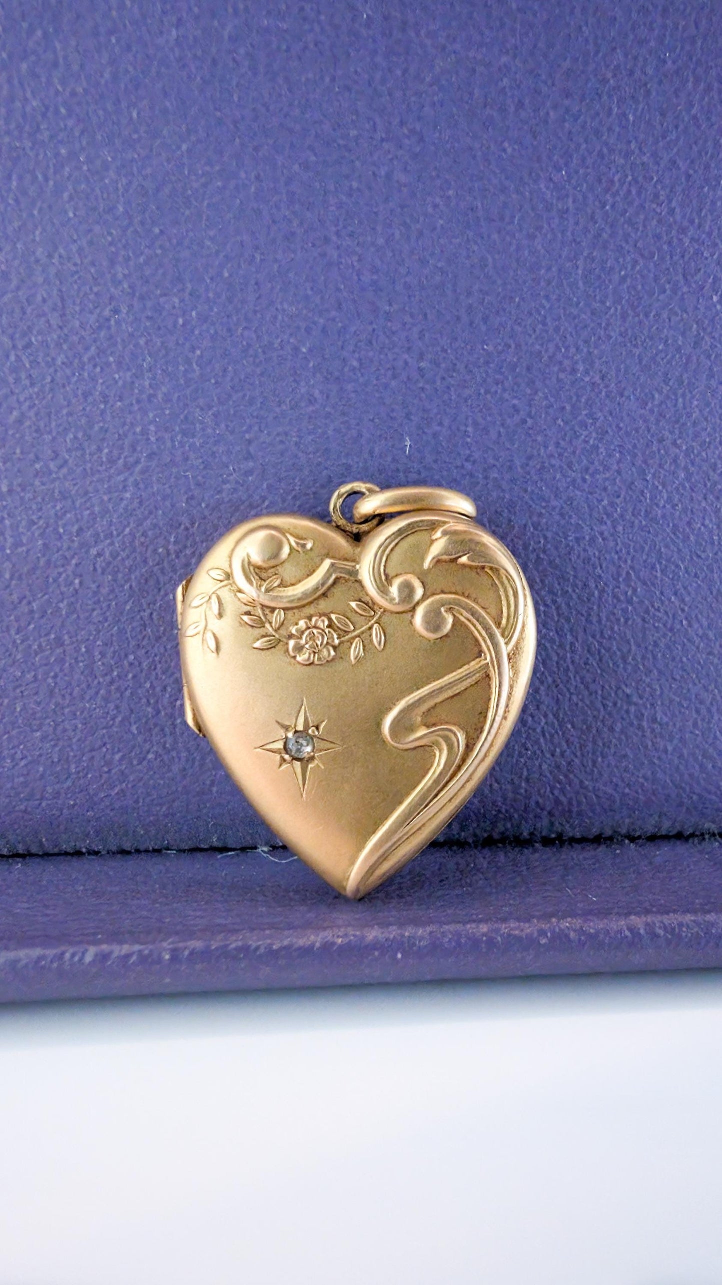 Antique 18K Gold Heart Locket Pendant, Art Nouveau Diamond