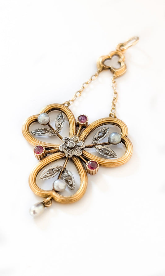 vintage gold pendant

pearl pendant

Mothers day gift

gift for wife

Gift for her

estate jewelry

cluster pendant

1900s pendant

18K vintage pendant

18K ruby pendant

18K pendant

18K pearl pendant