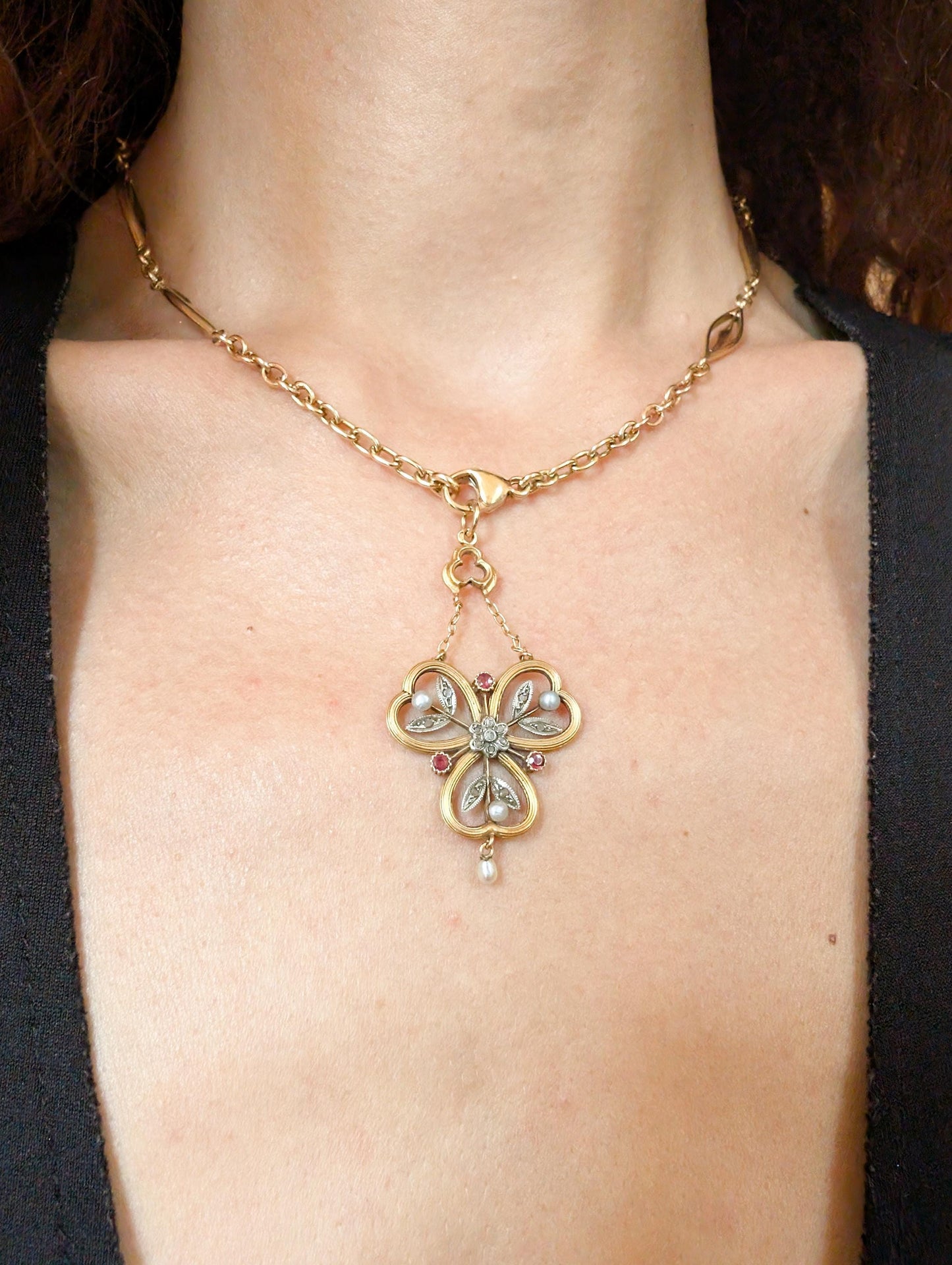 vintage gold pendant

pearl pendant

Mothers day gift

gift for wife

Gift for her

estate jewelry

cluster pendant

1900s pendant

18K vintage pendant

18K ruby pendant

18K pendant

18K pearl pendant