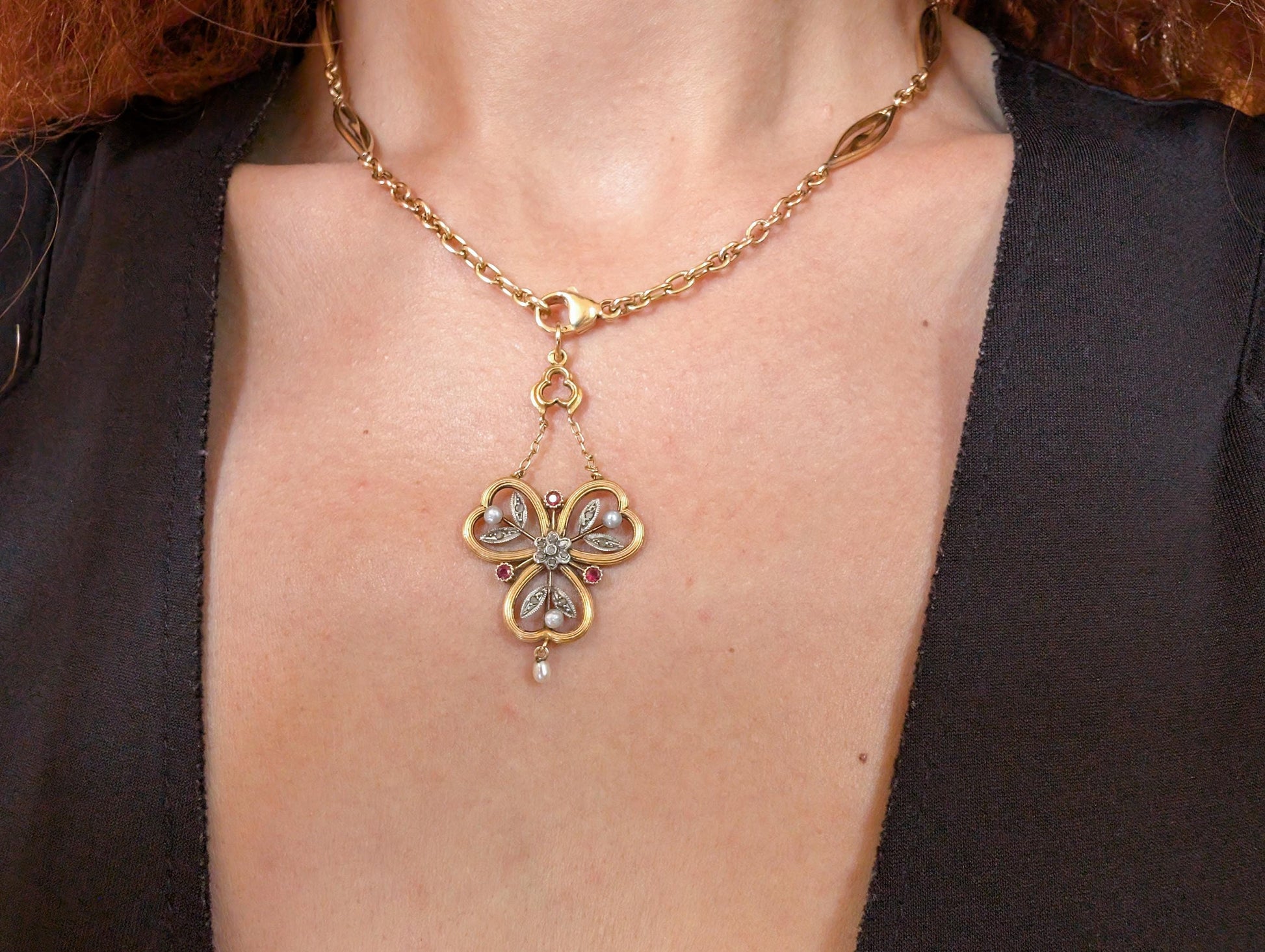 vintage gold pendant

pearl pendant

Mothers day gift

gift for wife

Gift for her

estate jewelry

cluster pendant

1900s pendant

18K vintage pendant

18K ruby pendant

18K pendant

18K pearl pendant