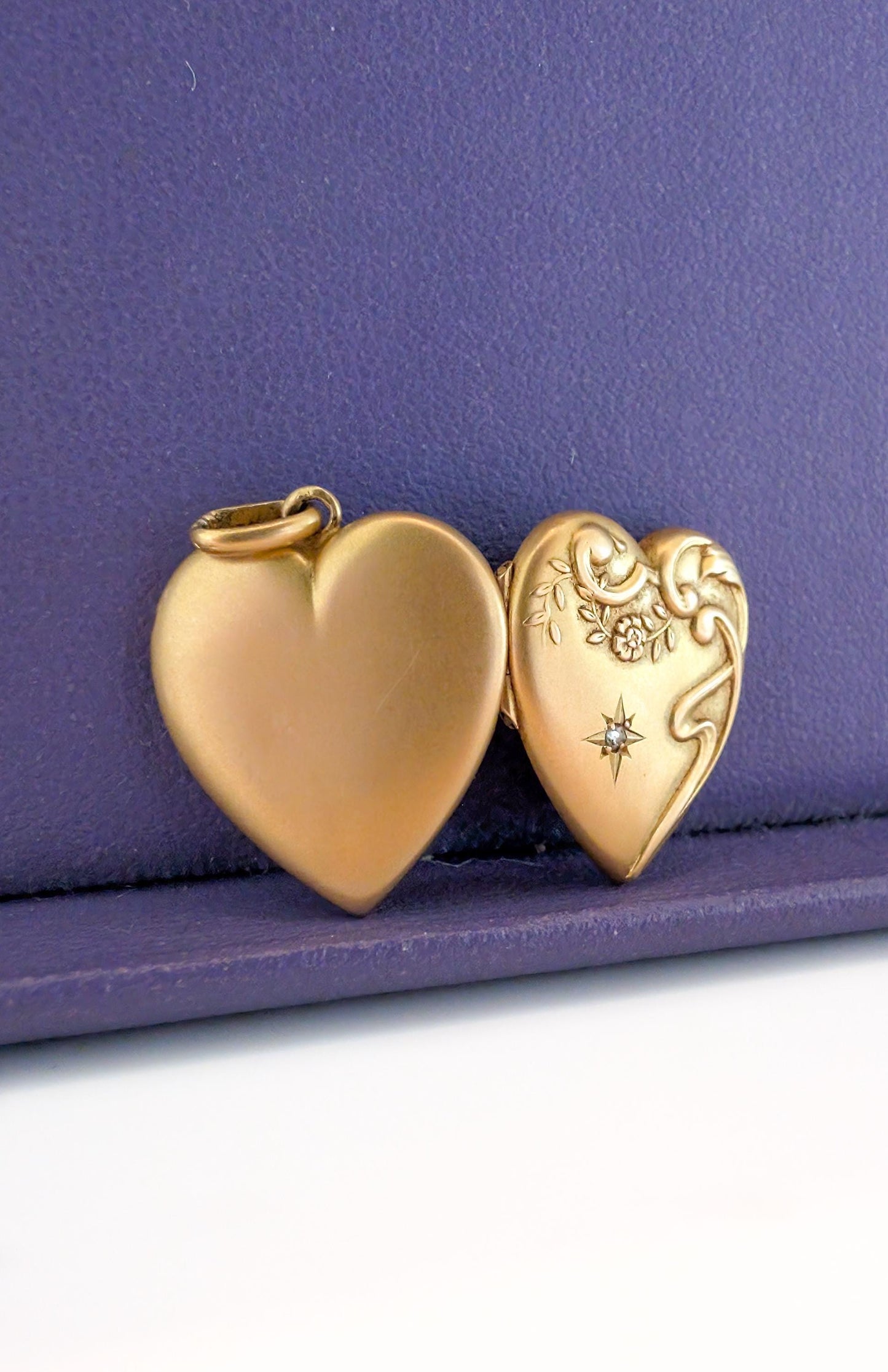 Antique 18K Gold Heart Locket Pendant, Art Nouveau Diamond