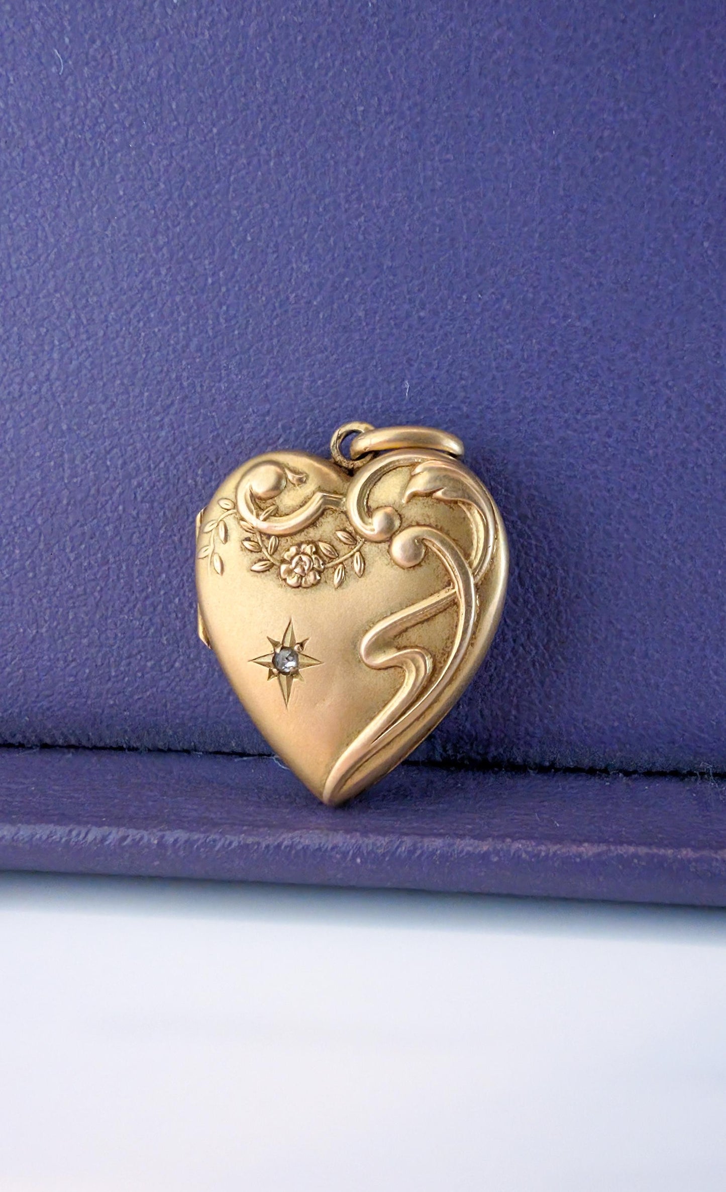 Antique 18K Gold Heart Locket Pendant, Art Nouveau Diamond