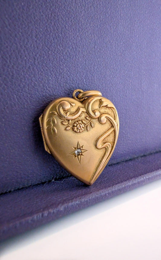 Antique 18K Gold Heart Locket Pendant, Art Nouveau Diamond