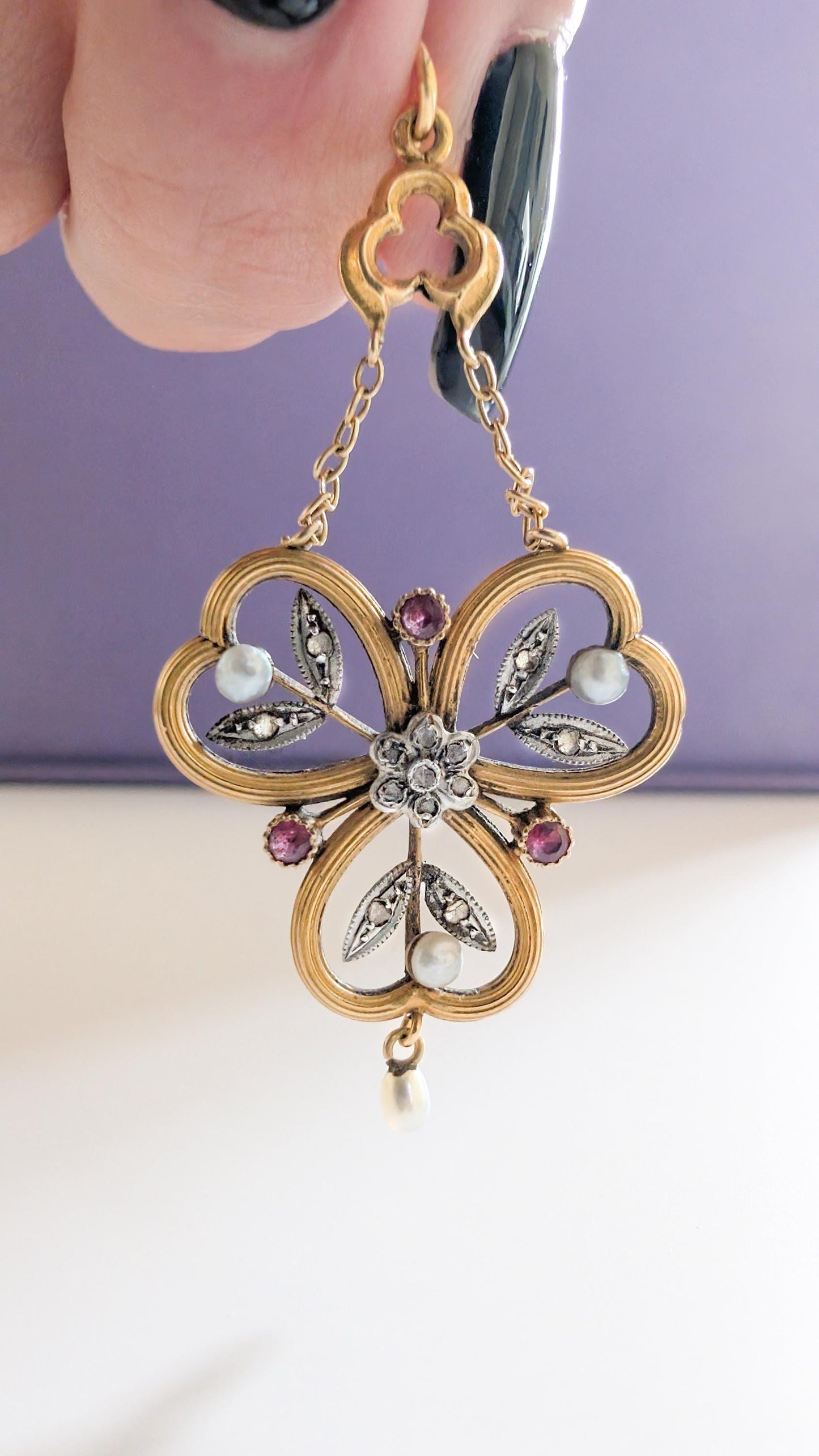 Antique 18K Gold Belle Époque Pendant – Rose Cut Diamond, Ruby & Pearl