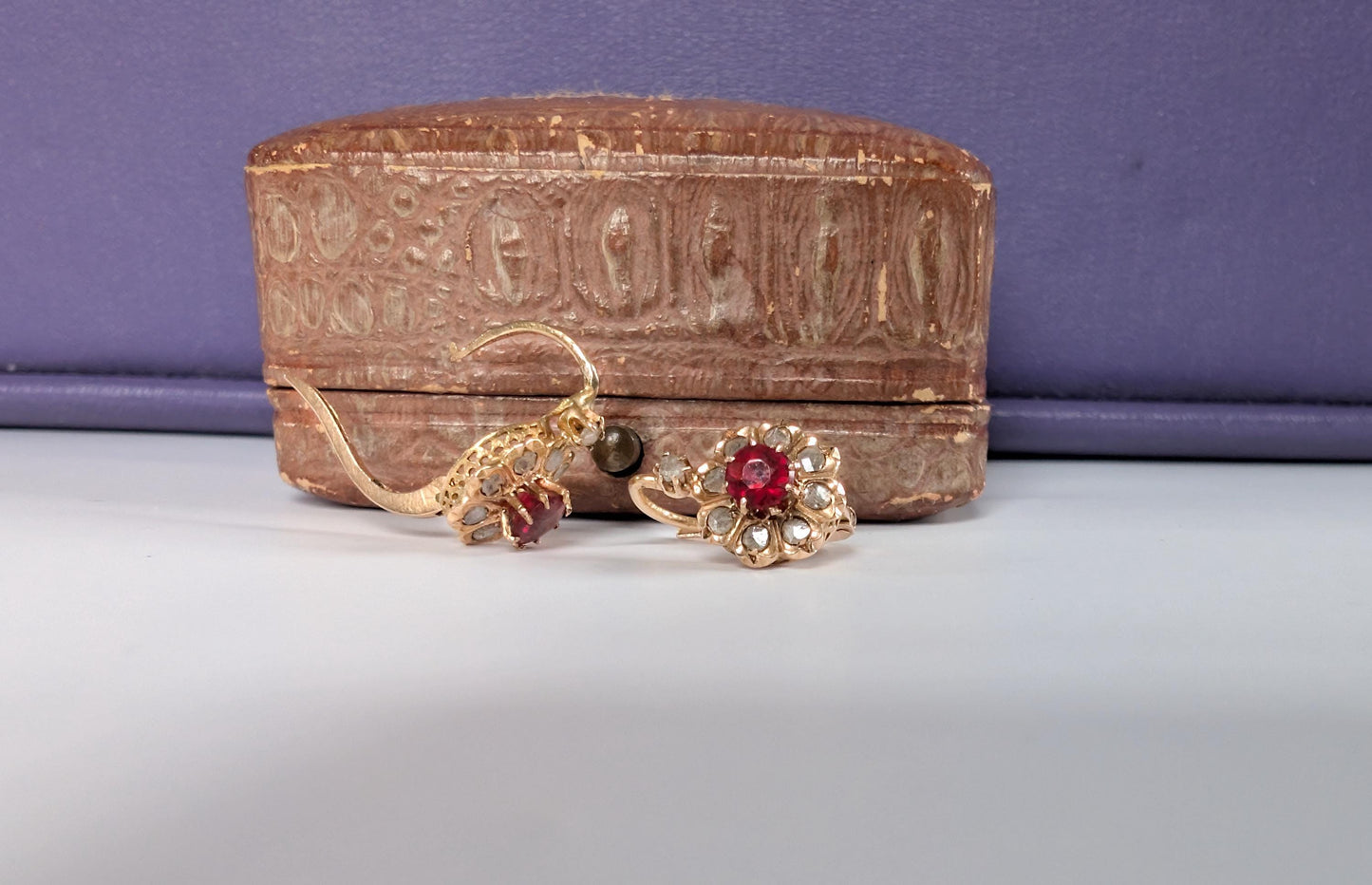 Antique Edwardian 18K Gold Garnet Diamond Daisy Earrings