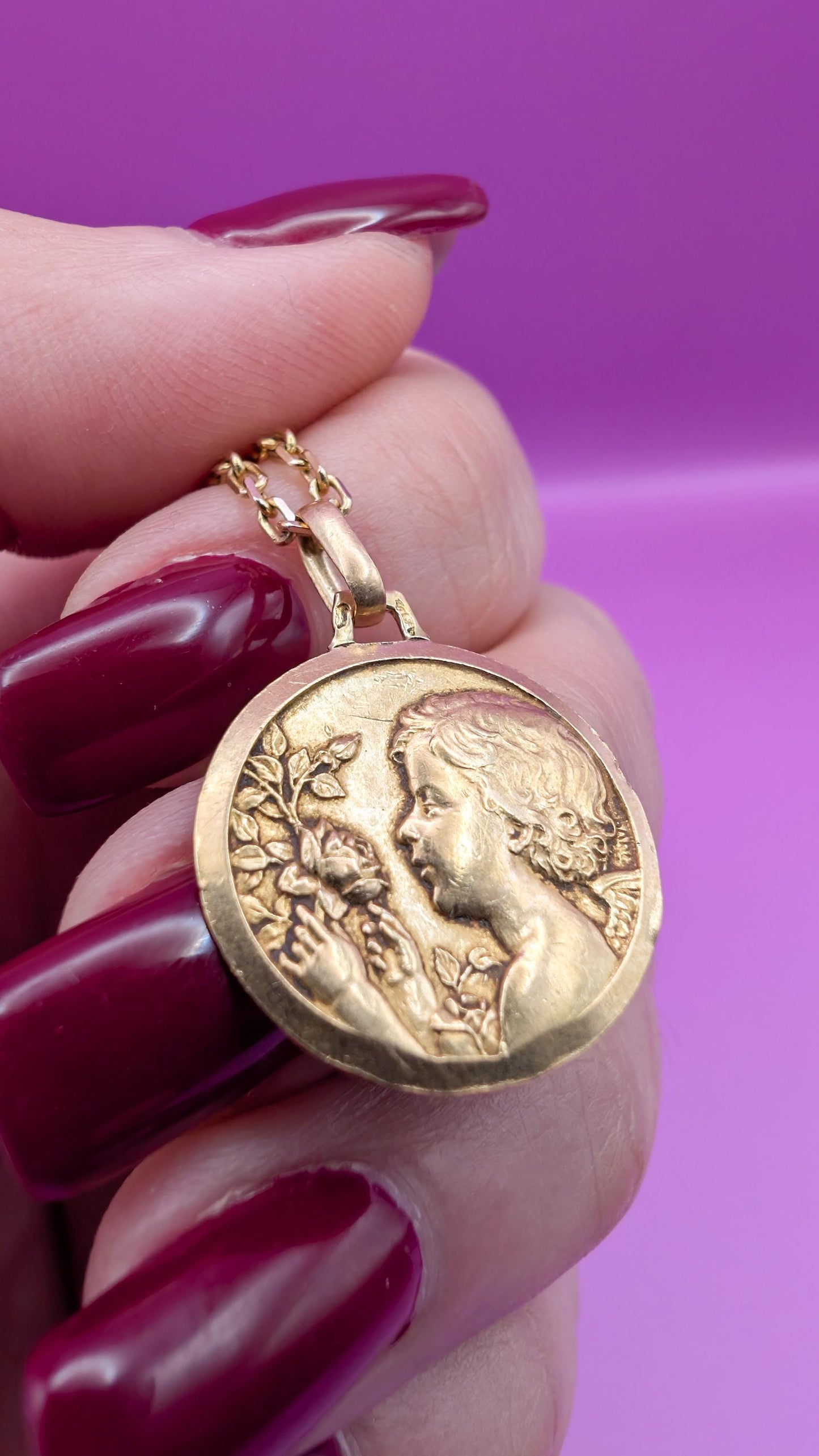 3g 18K Antique cherub angel shown in half-relief resting on clouds , Vintage 18K baptism medal, antique gold baptism gift