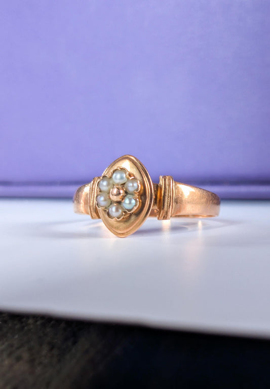 18K Gold Pearl Ring, Antique French Victorian Era