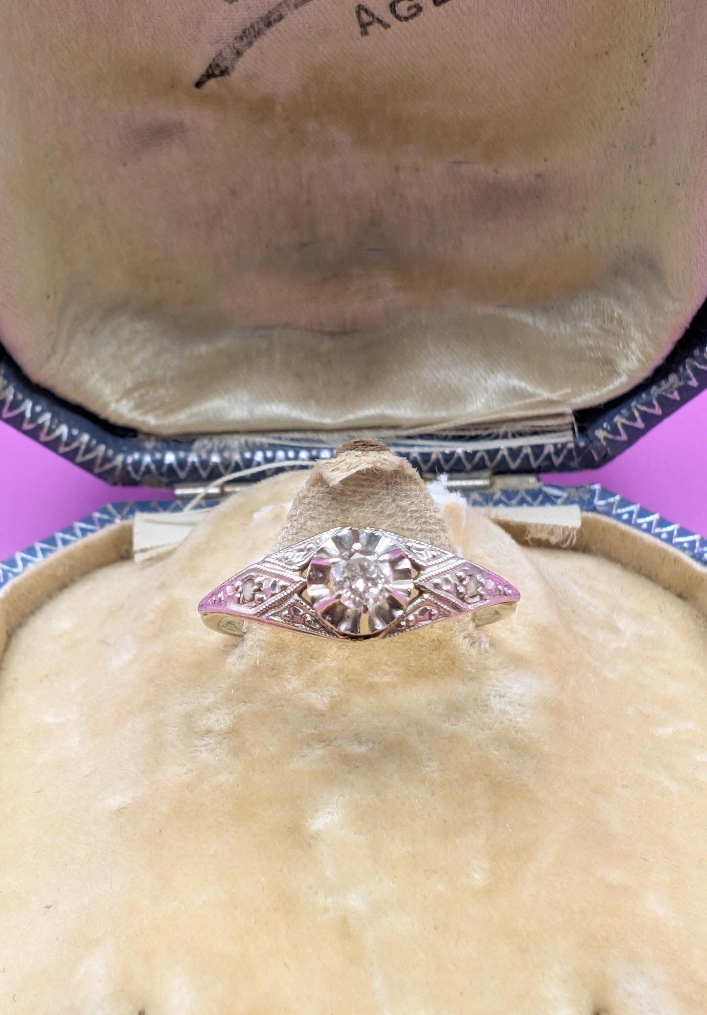 18K Gold Art Deco Diamond Ring, French Antique Engagement Ring