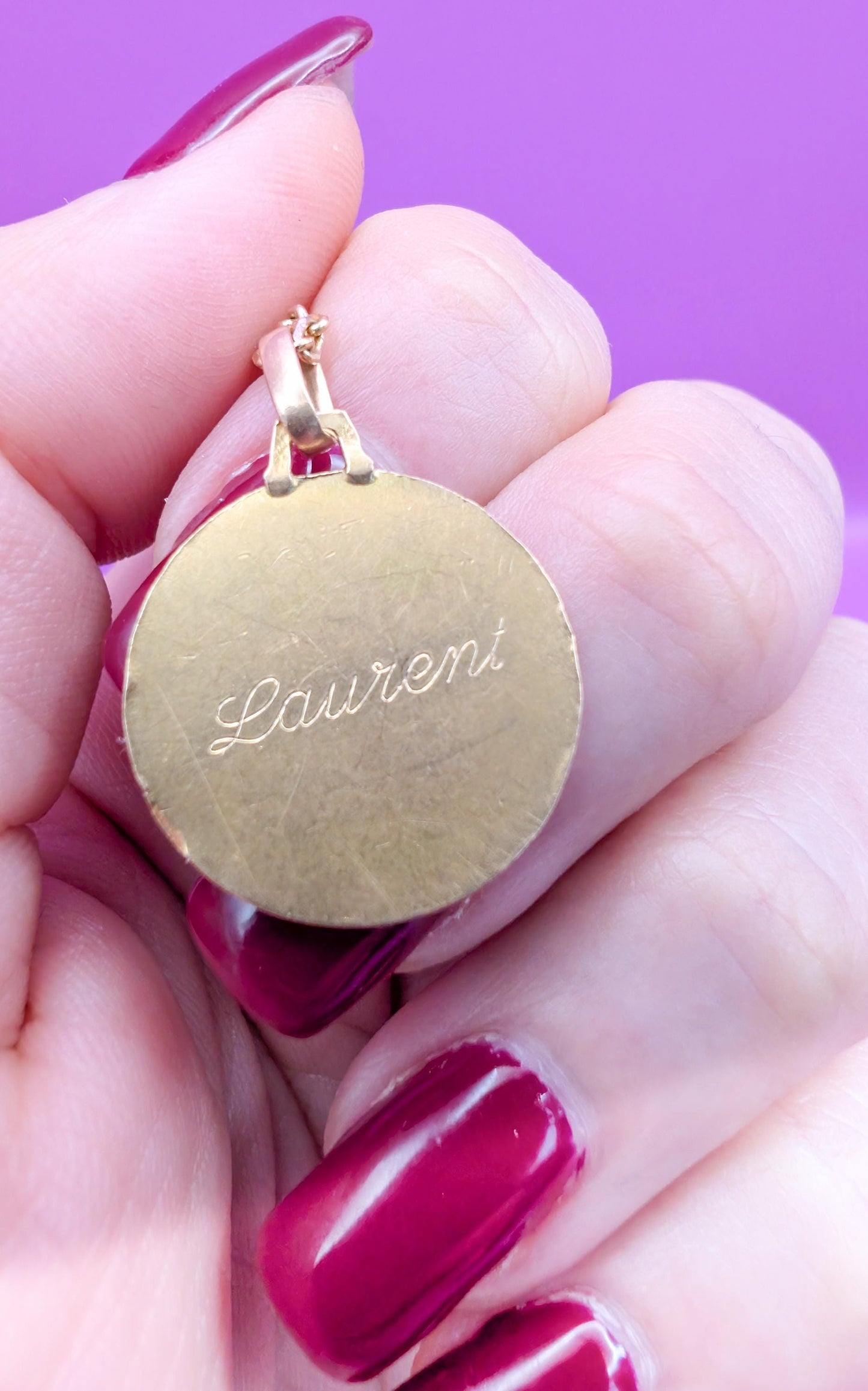 3g 18K Antique cherub angel shown in half-relief resting on clouds , Vintage 18K baptism medal, antique gold baptism gift