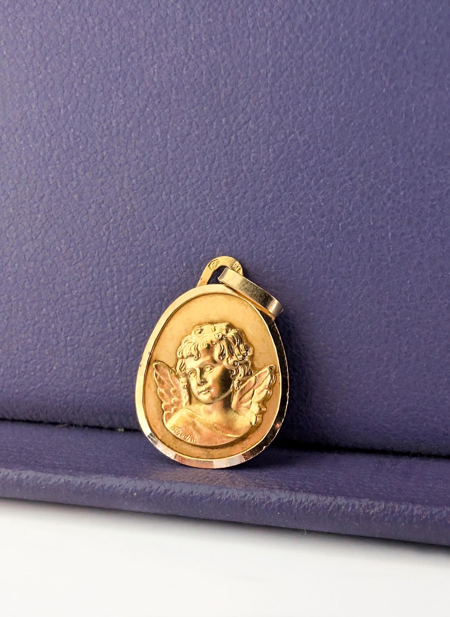 18K Gold Cherub Medal, Neoclassical Angel Pendant, baptism pendant