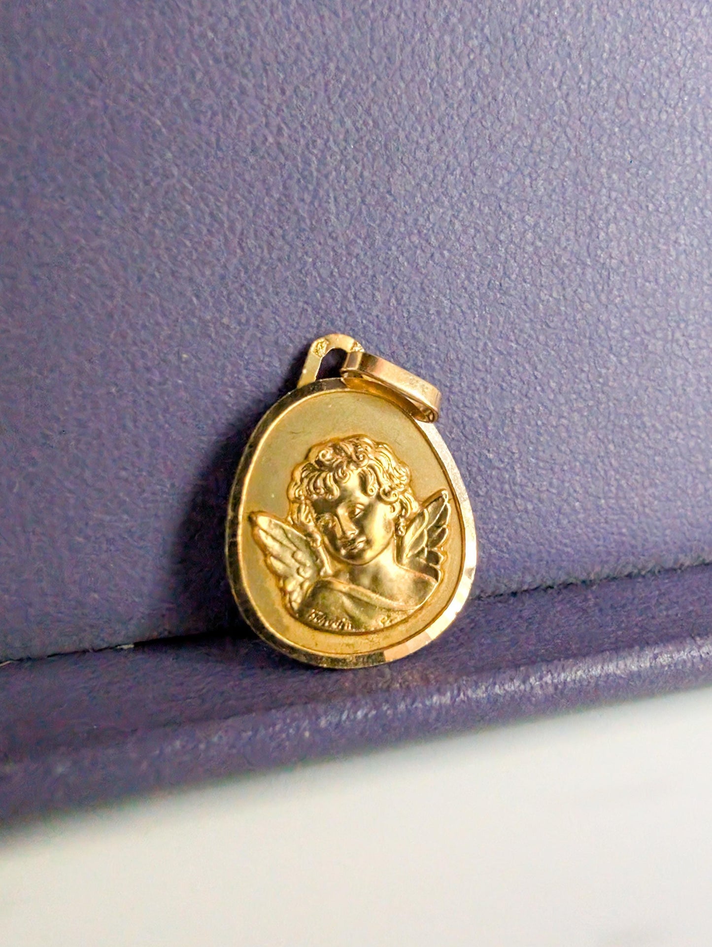 18K Gold Cherub Medal, Neoclassical Angel Pendant, baptism pendant