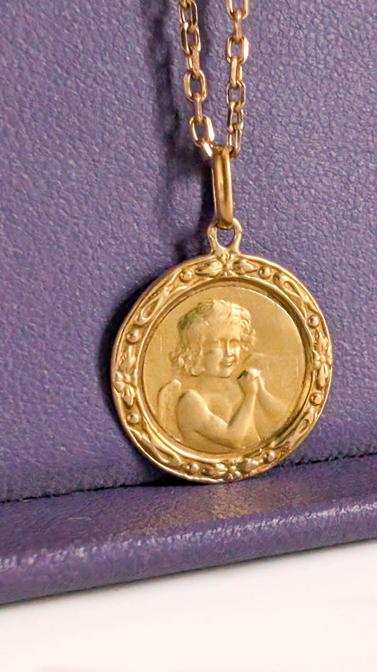 Antique 18K Gold Cherub Medal, Edwardian Baptism Gift