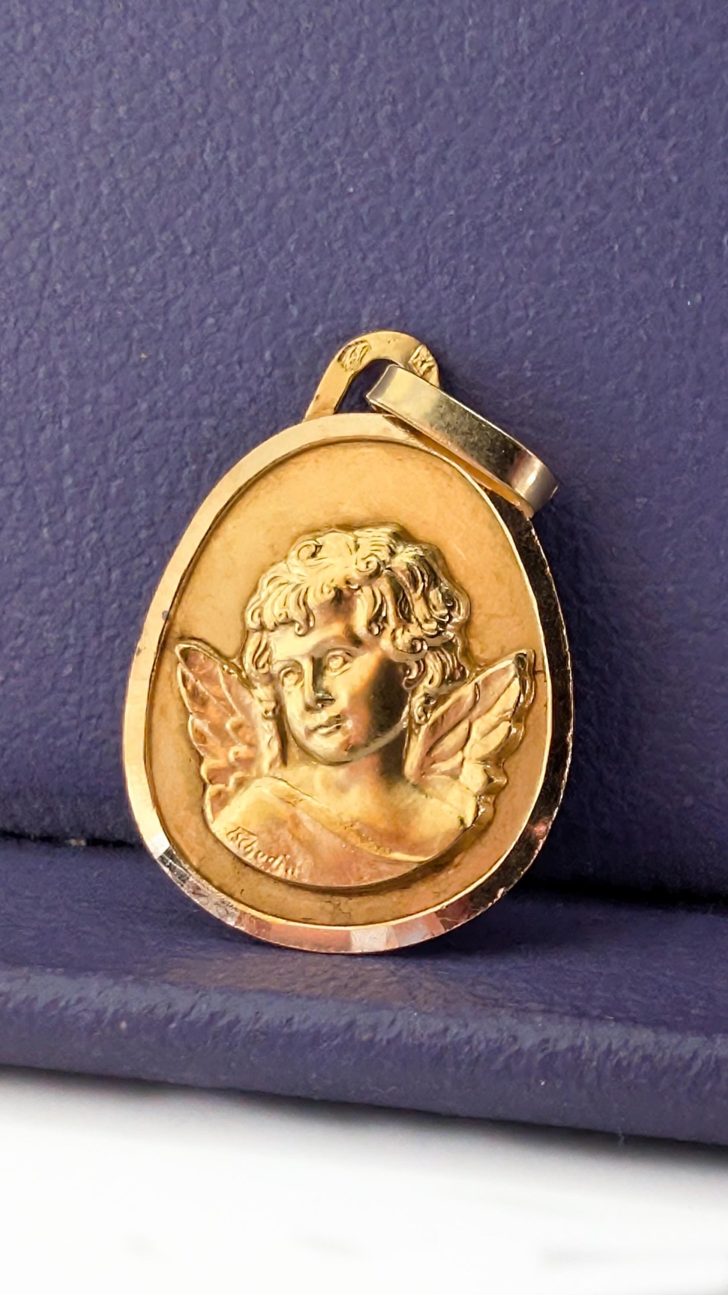18K Gold Cherub Medal, Neoclassical Angel Pendant, baptism pendant