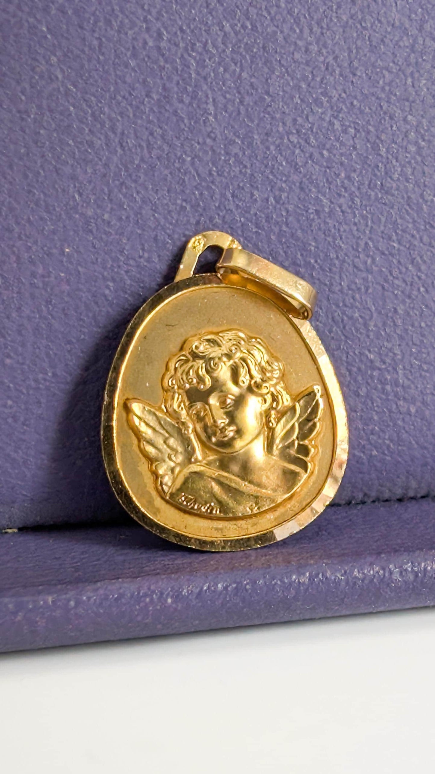 18K Gold Cherub Medal, Neoclassical Angel Pendant, baptism pendant