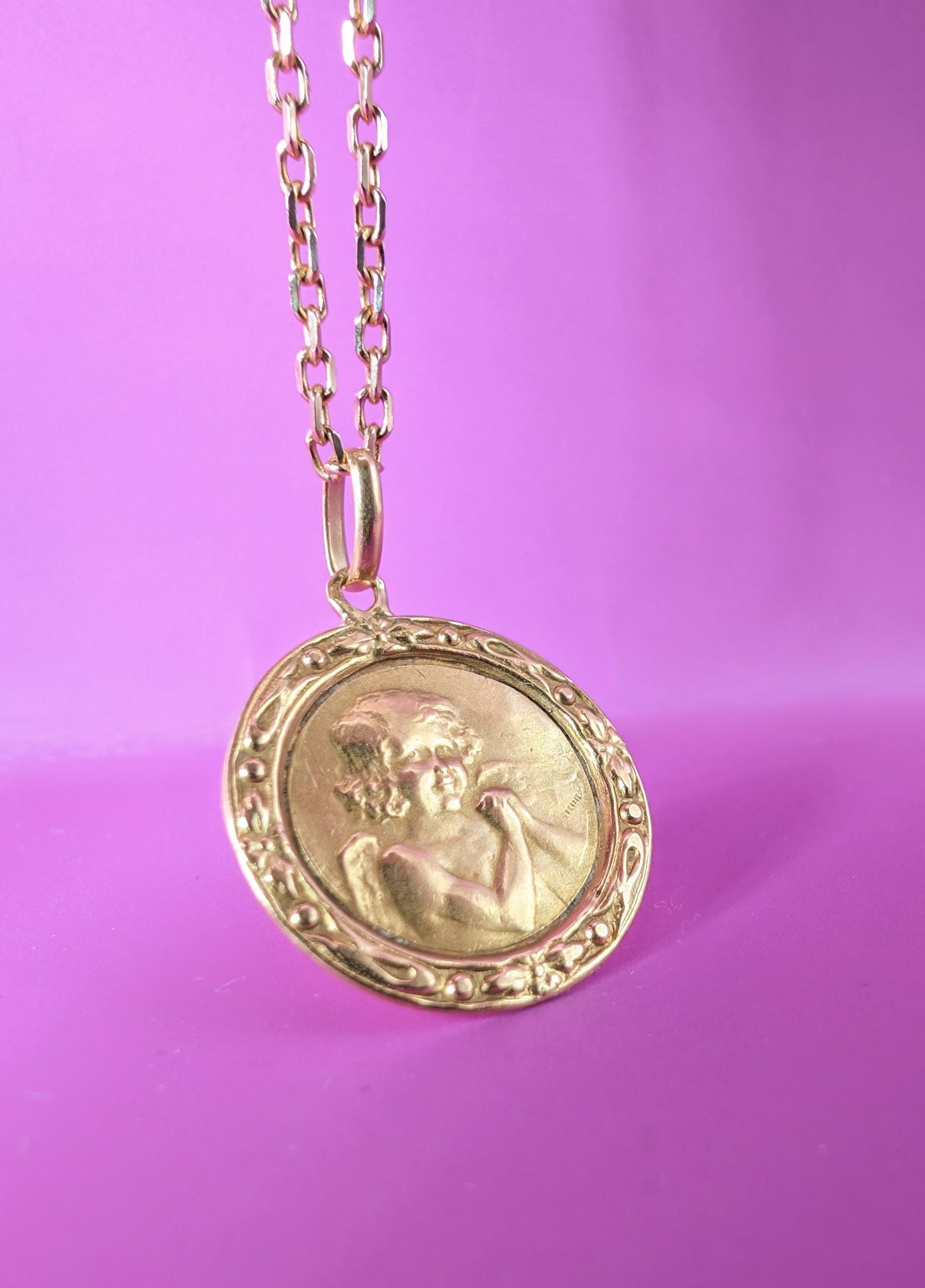 Antique 18K Gold Cherub Medal, Edwardian Baptism Gift