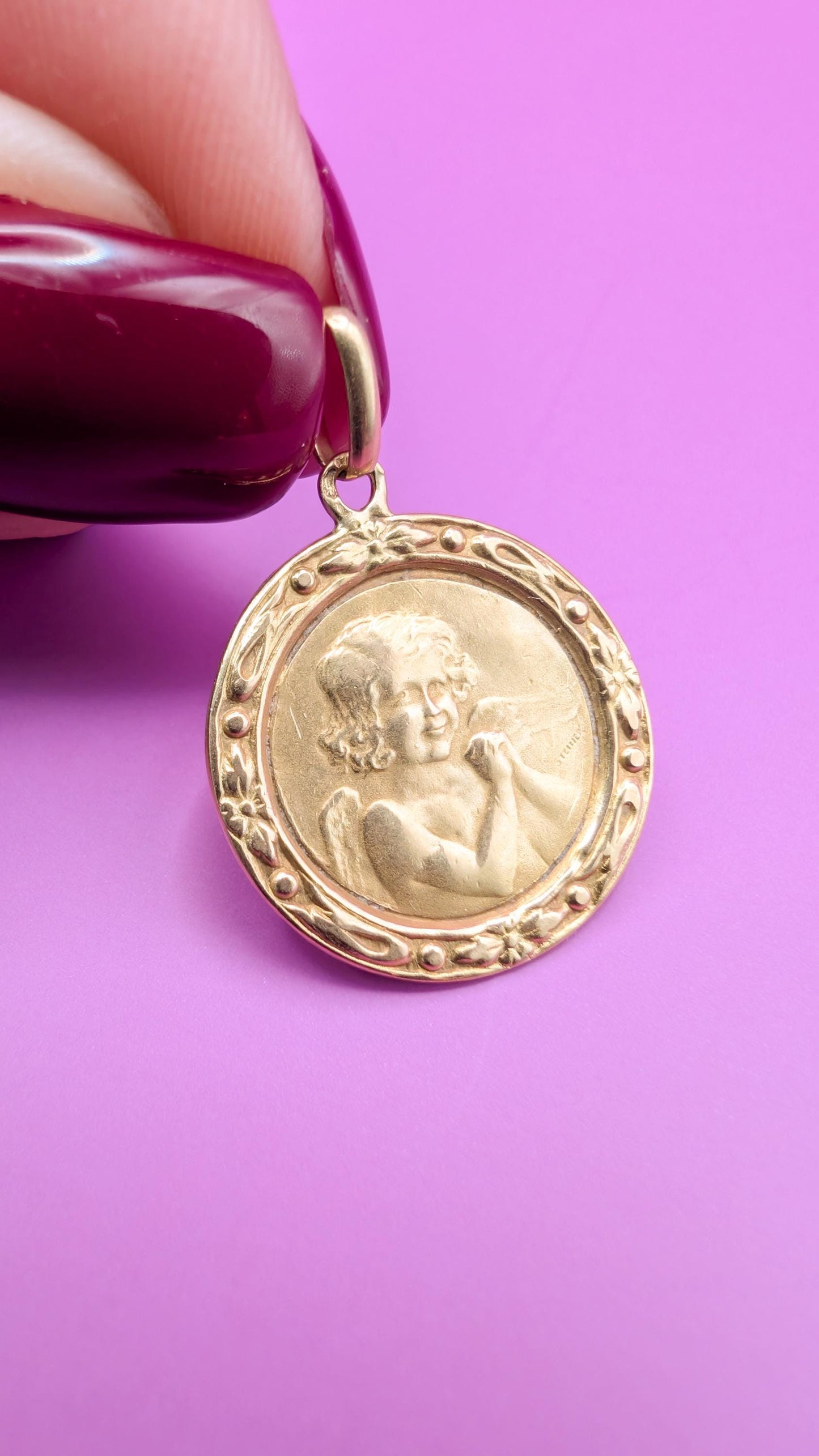 Antique 18K Gold Cherub Medal, Edwardian Baptism Gift