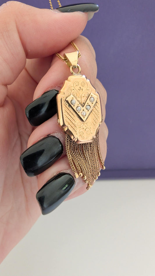 Antique 18k Solid Gold Napoleon III Tassel Pendant Victorian 18ct Gold & Pearl Pendant gift for her