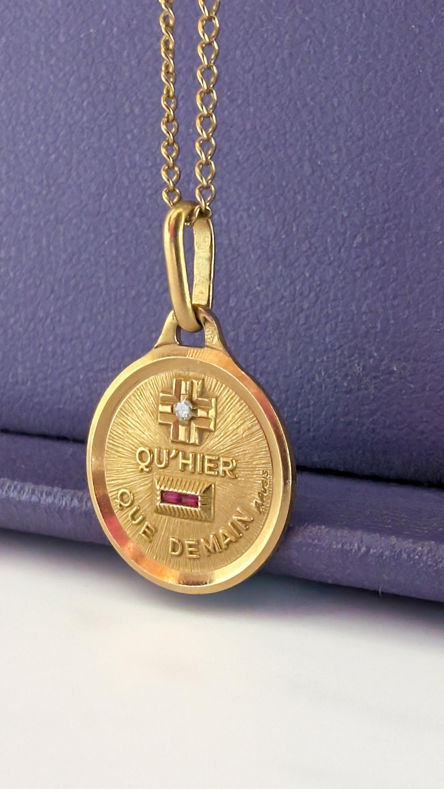 18K Authentic Plus qu'hier et moins que demain Eternal Love medallion Original Augis charm Diamond and Ruby Solid gold pendant love pendant