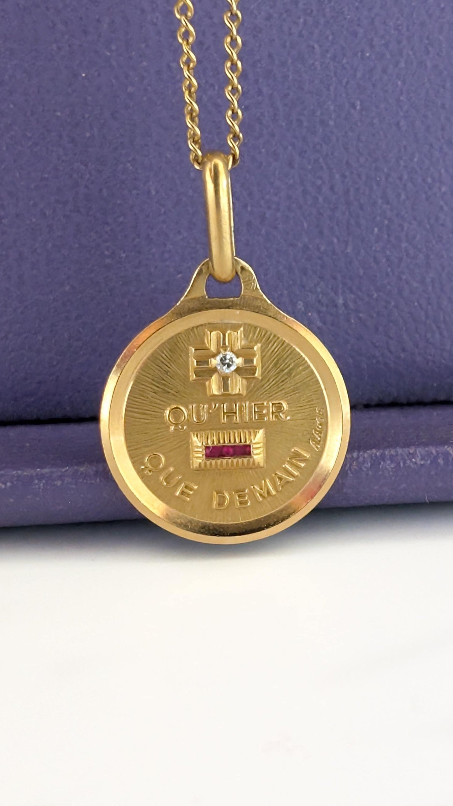 18K Authentic Plus qu'hier et moins que demain Eternal Love medallion Original Augis charm Diamond and Ruby Solid gold pendant love pendant