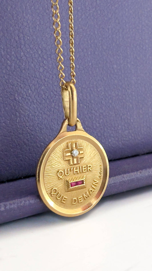 18K Authentic Plus qu'hier et moins que demain Eternal Love medallion Original Augis charm Diamond and Ruby Solid gold pendant love pendant
