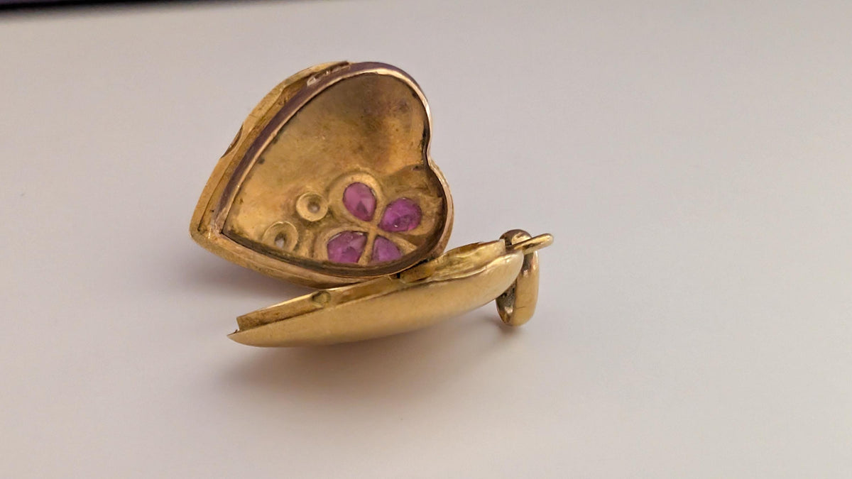Poetic Antique French 18K Solid Yellow Gold Heart Locket — Garnets & Rose-Cut Diamonds