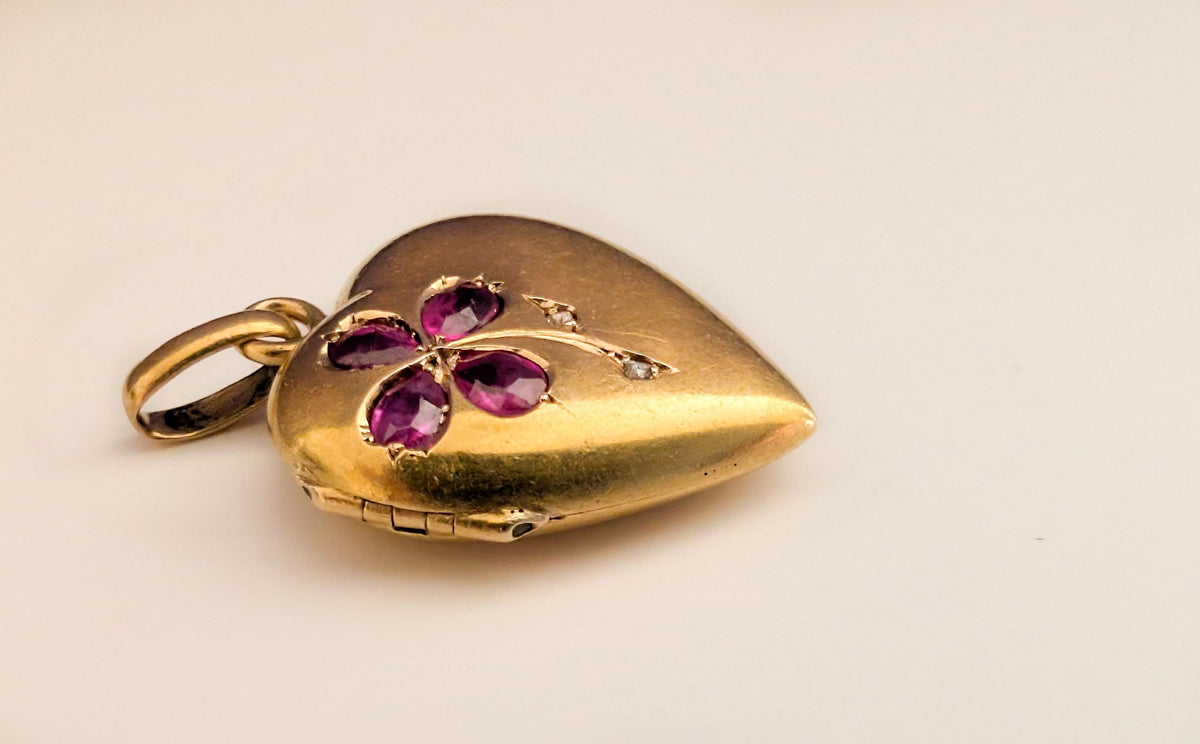 Poetic Antique French 18K Solid Yellow Gold Heart Locket — Garnets & Rose-Cut Diamonds