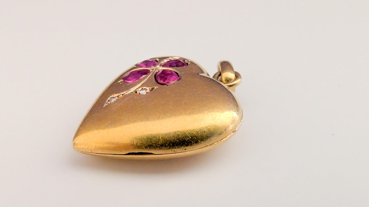 Poetic Antique French 18K Solid Yellow Gold Heart Locket — Garnets & Rose-Cut Diamonds