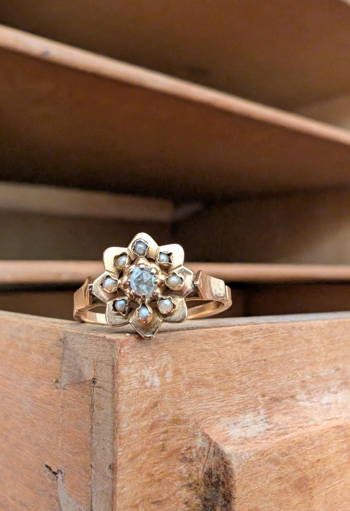 18K Victorian Ring with pearls & Diamonds Antique French Ring Napoleon III ring