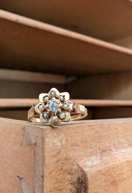 18K Victorian Ring with pearls & Diamonds Antique French Ring Napoleon III ring