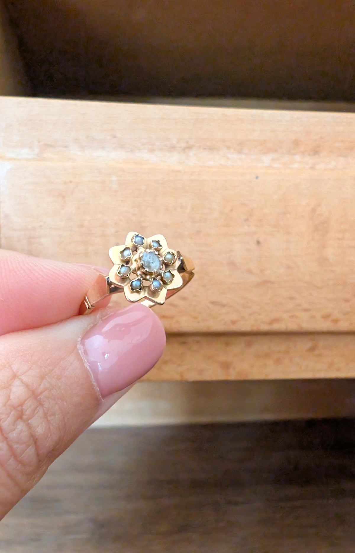 18K Victorian Ring with pearls & Diamonds Antique French Ring Napoleon III ring