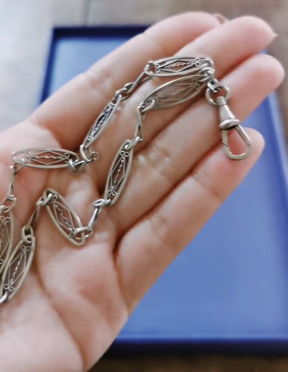 1920s Art Deco French Silver Bracelet: Antique Watch Chain Double Strand