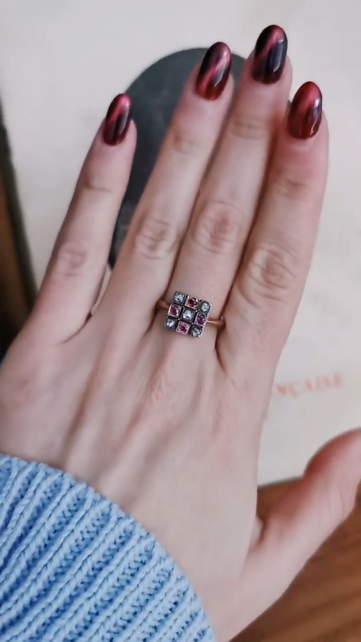 18K Gold Art Deco Ring: Diamond & Garnet Engagement Ring