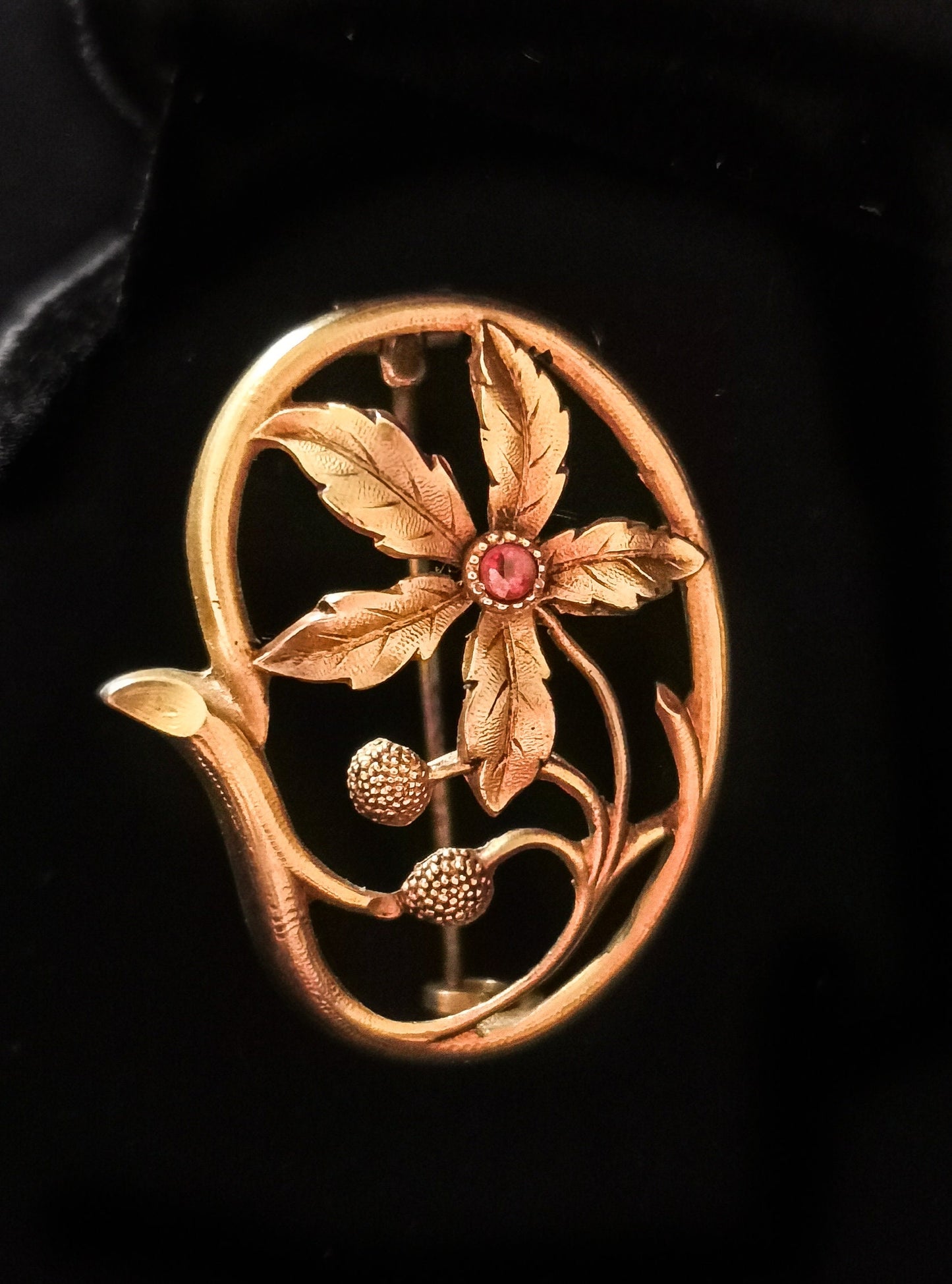 French antique c1900s Belle Epoque gold filled flower brooch with ruby paste stone
