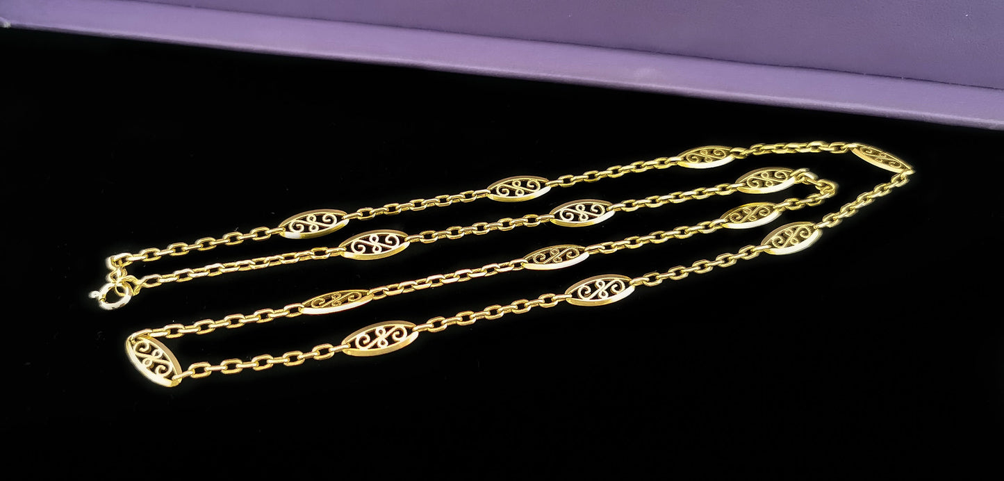 1890's Antique 18K gold Necklace French 18k yellow gold filigree chain Art nouveau necklace