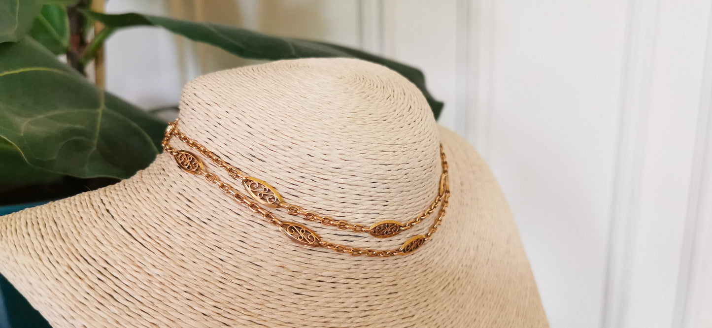 1890's Antique 18K gold Necklace French 18k yellow gold filigree chain Art nouveau necklace