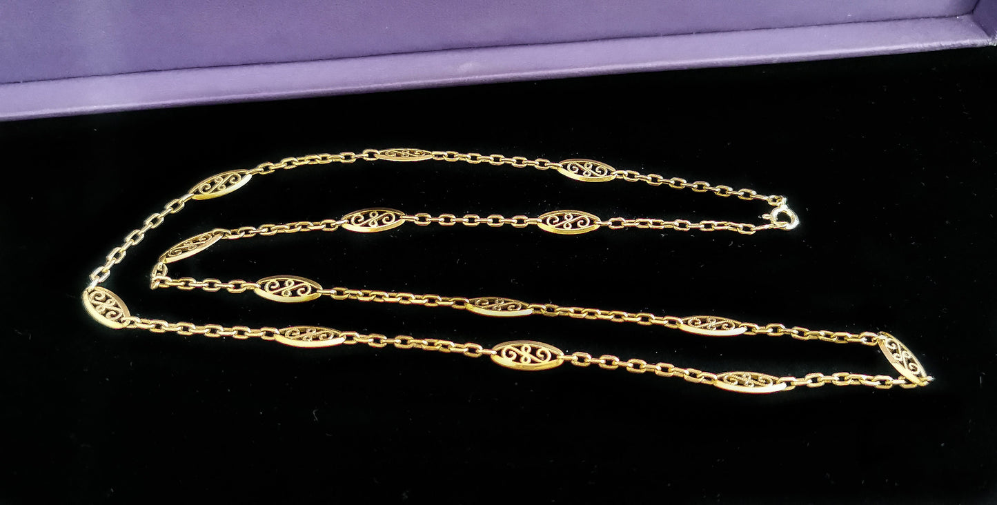 1890's Antique 18K gold Necklace French 18k yellow gold filigree chain Art nouveau necklace