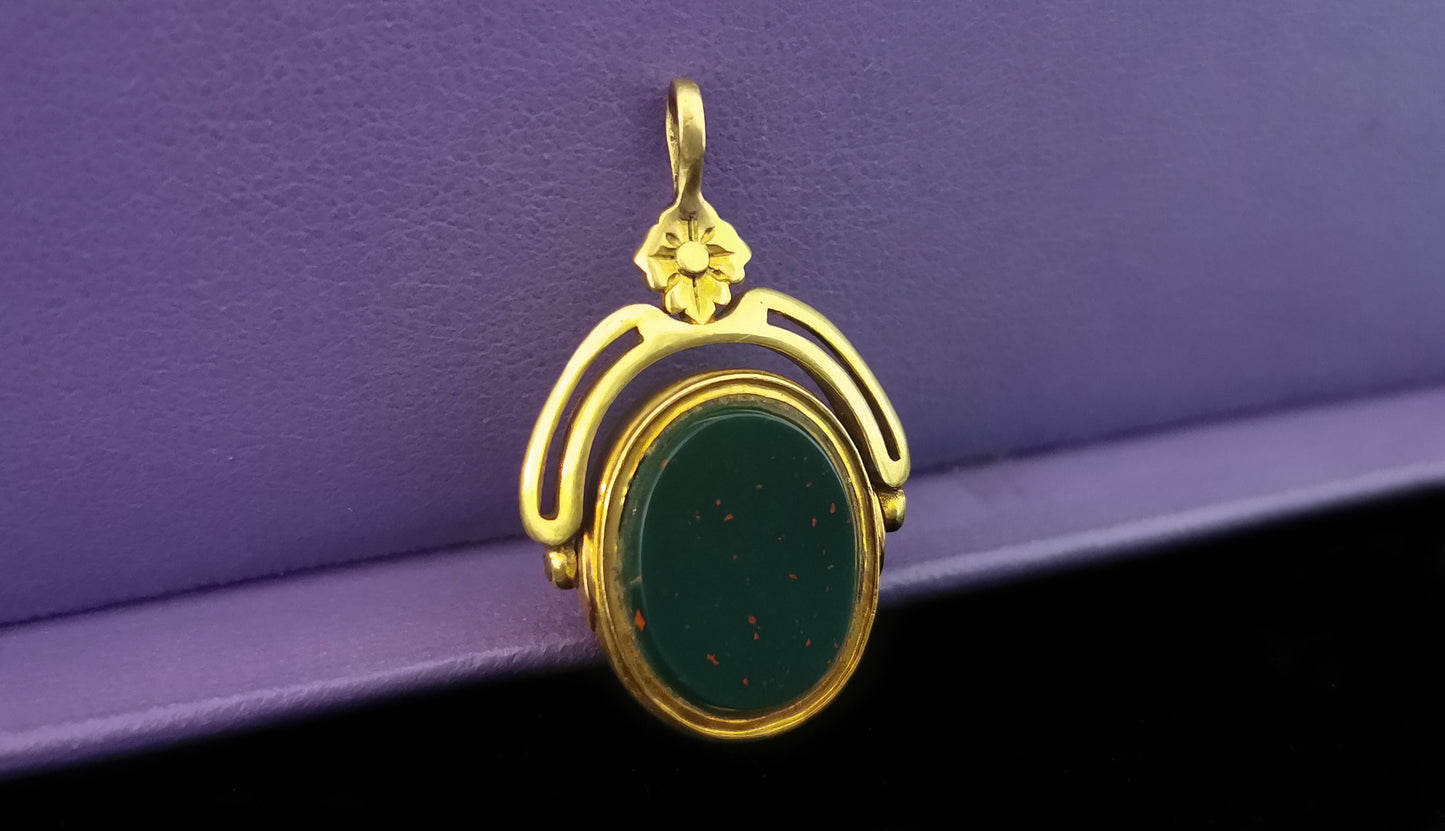 1920 Antique 18ct Gold Bloodstone Spinner Fob  Antique 18K fob pendant gift for Her Antique Fob gift for him