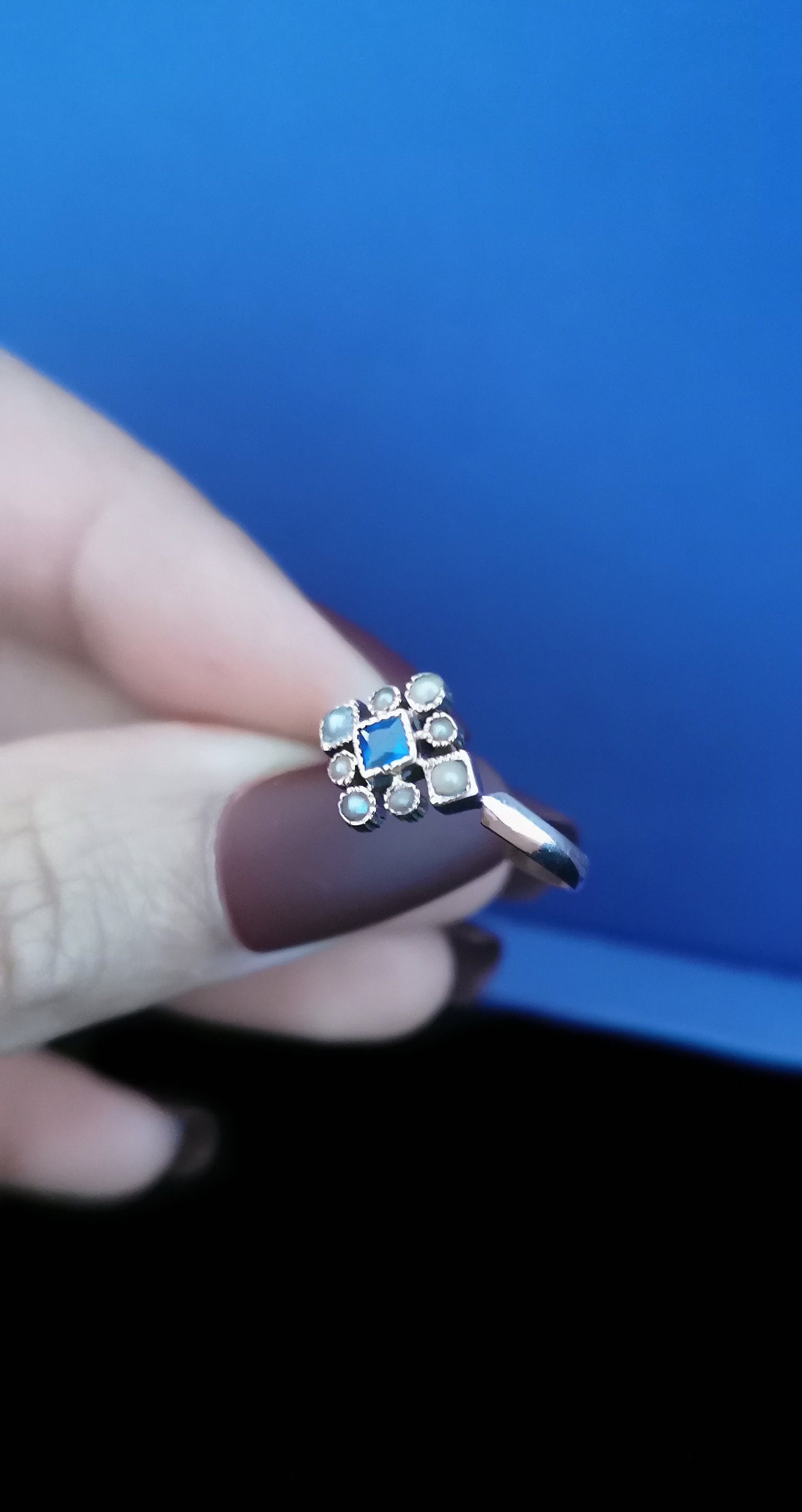 1900 Antique Ring 18K Rose Gold Ring with a bleu doublet stone and 8 half pearls gift for her Antique French Engagement Ring Edwardian Ring