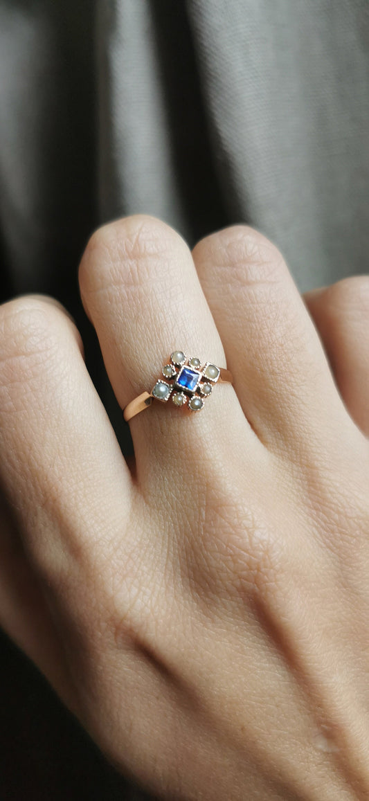 1900 Antique Ring 18K Rose Gold Ring with a bleu doublet stone and 8 half pearls gift for her Antique French Engagement Ring Edwardian Ring